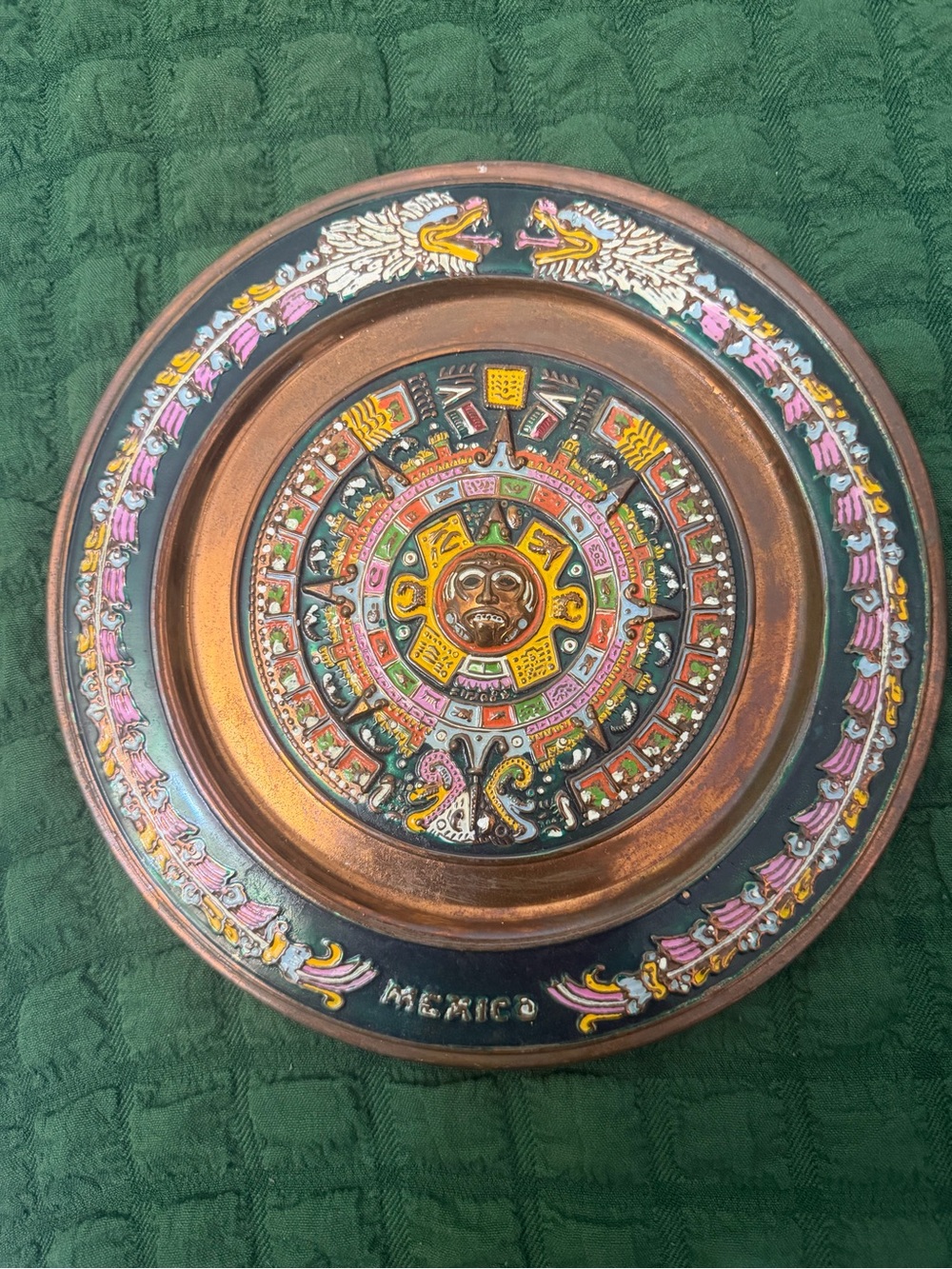 Hand-Painted Aztec Calendar Wall Plaque in Copper and Multicolor